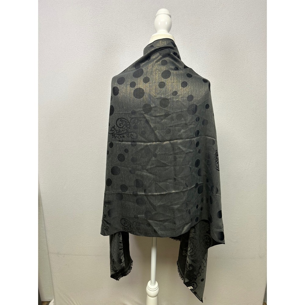 Elegant Metallic Floral Evening Womens OS Black Gold Polka Dot Fringe Scarf